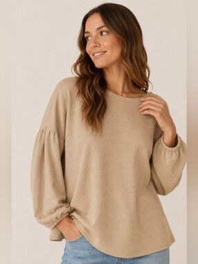 Pure Jill  Slub French Terry Balloon Sleeve Oversized Minimalist Pullover Top